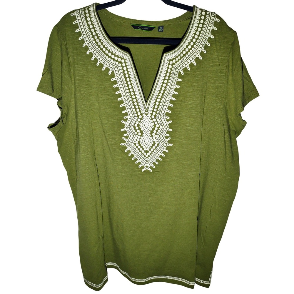 C Wonder Olive Green Embroidered V Neck Tunic‎ Top Plus Size 2X